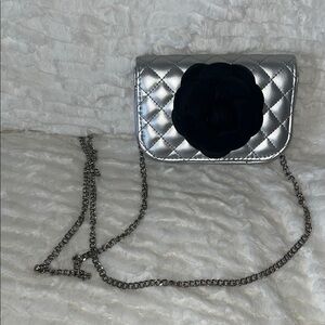 Elegant Silver Quilted Bag / Belt with Black Flower Accent